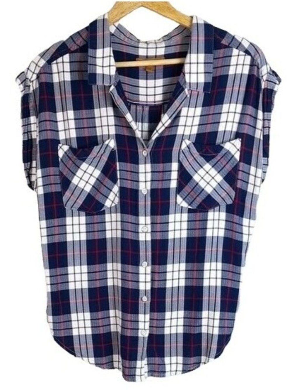 Jachs Girlfriend Womens Plaid Top Blue White Medium Sleeveless Button-Up